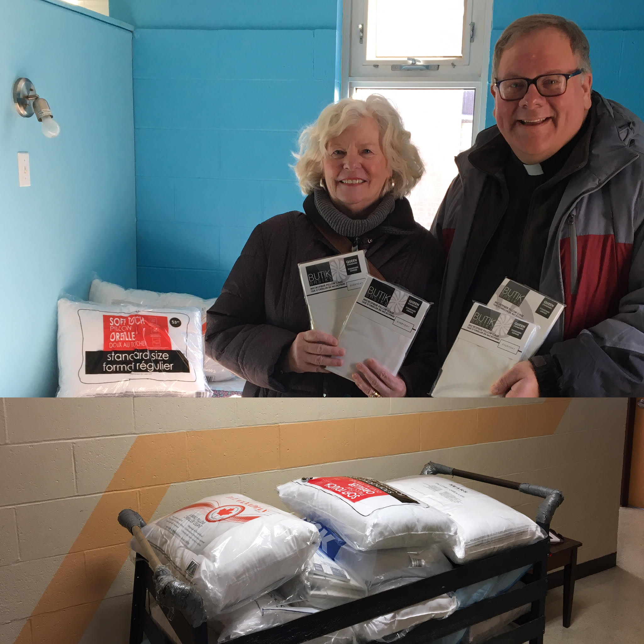 Two individuals hold pillow cases donated to the Anchorage Addictions Program