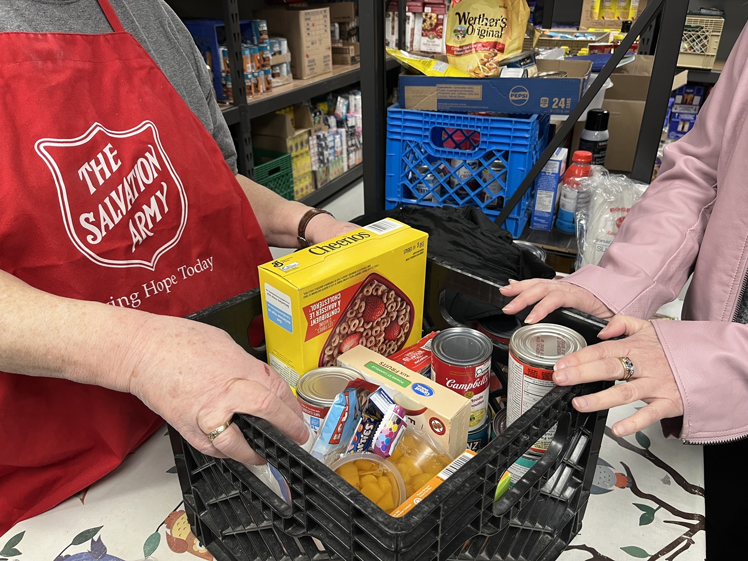 volunteer, food items, basket, client