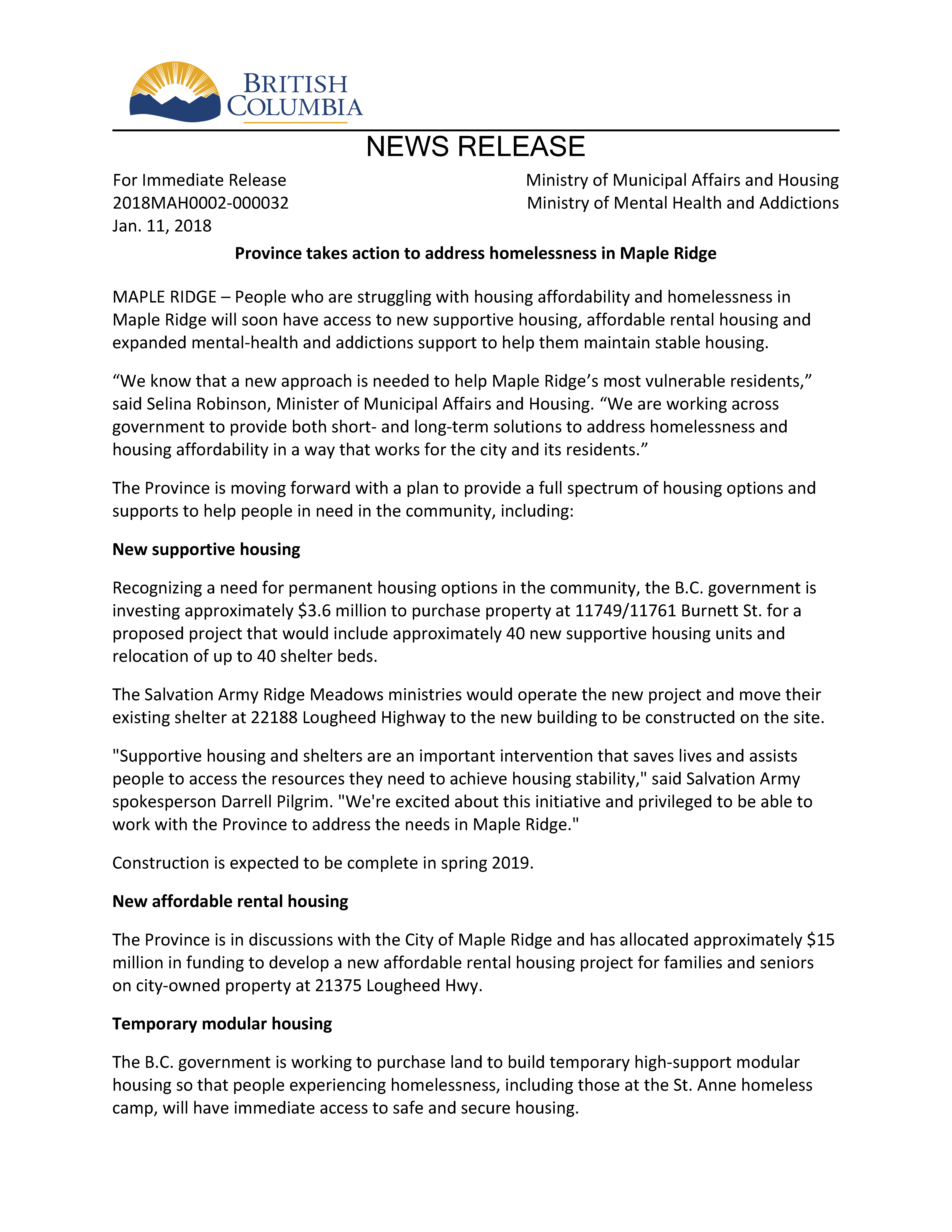 BC Housing Press Release