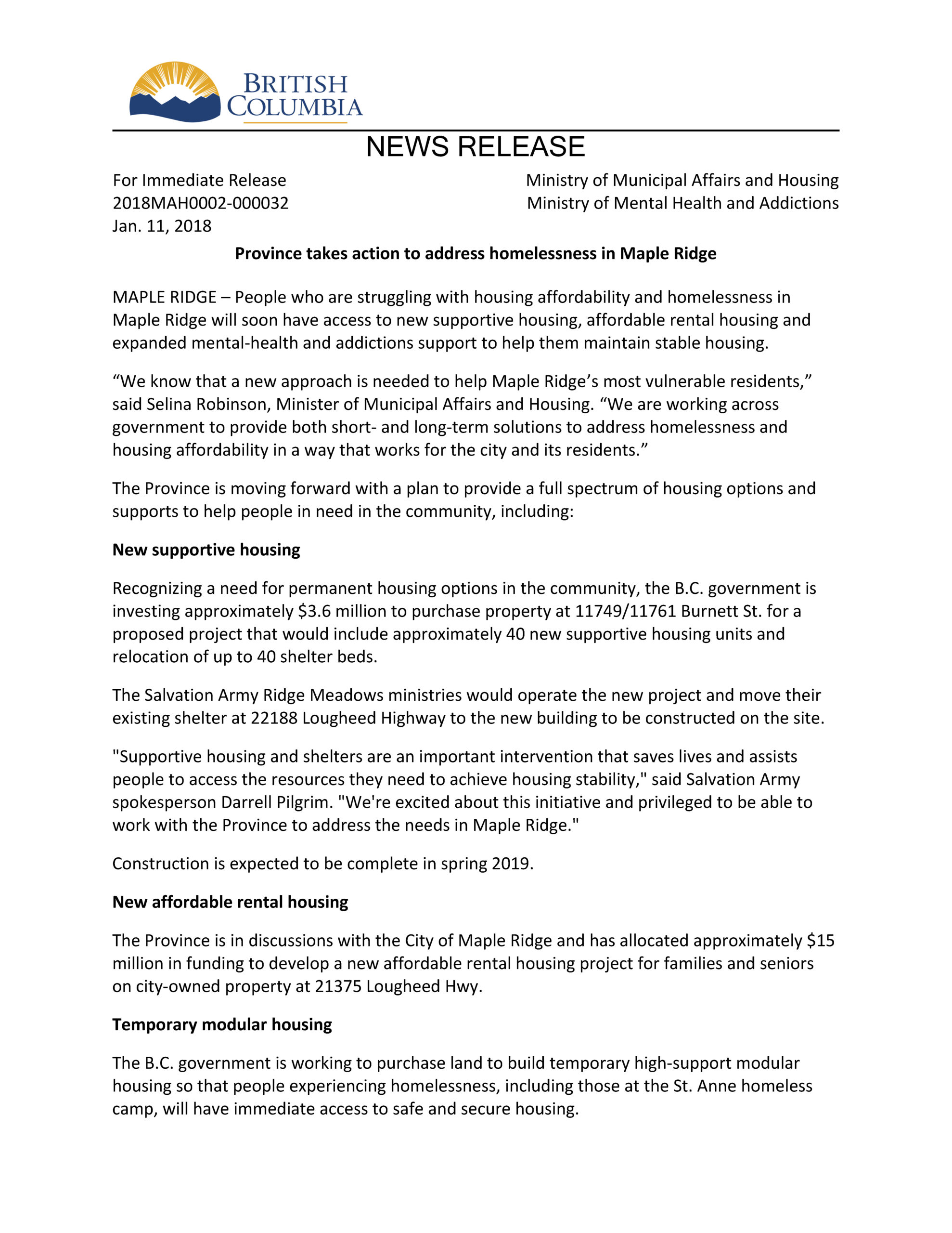The Province Takes Action to Address Homelessness in Maple Ridge