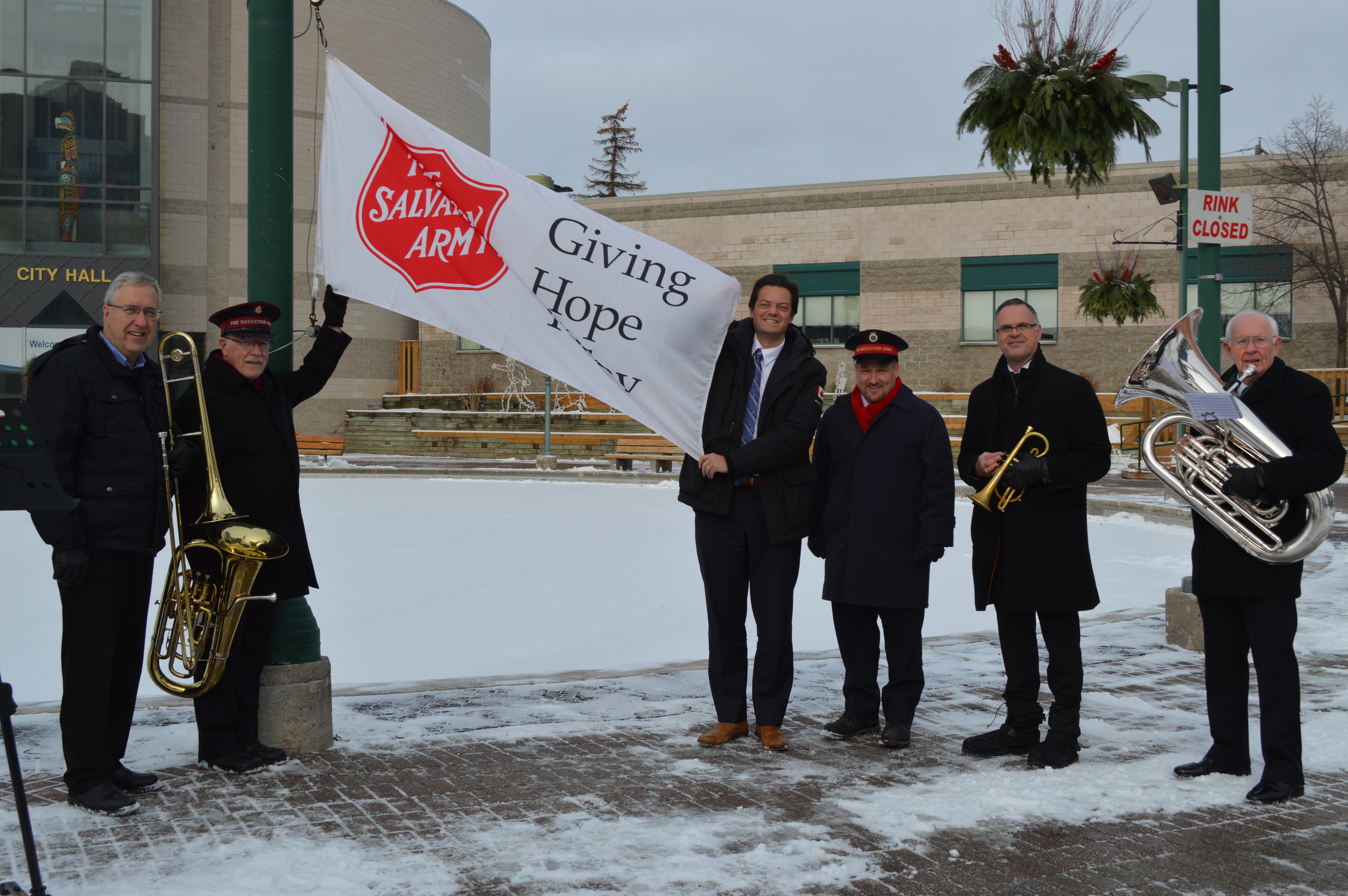 Barrie Flag Raising with local Corps Officers, Jeff Robertson and Mayor