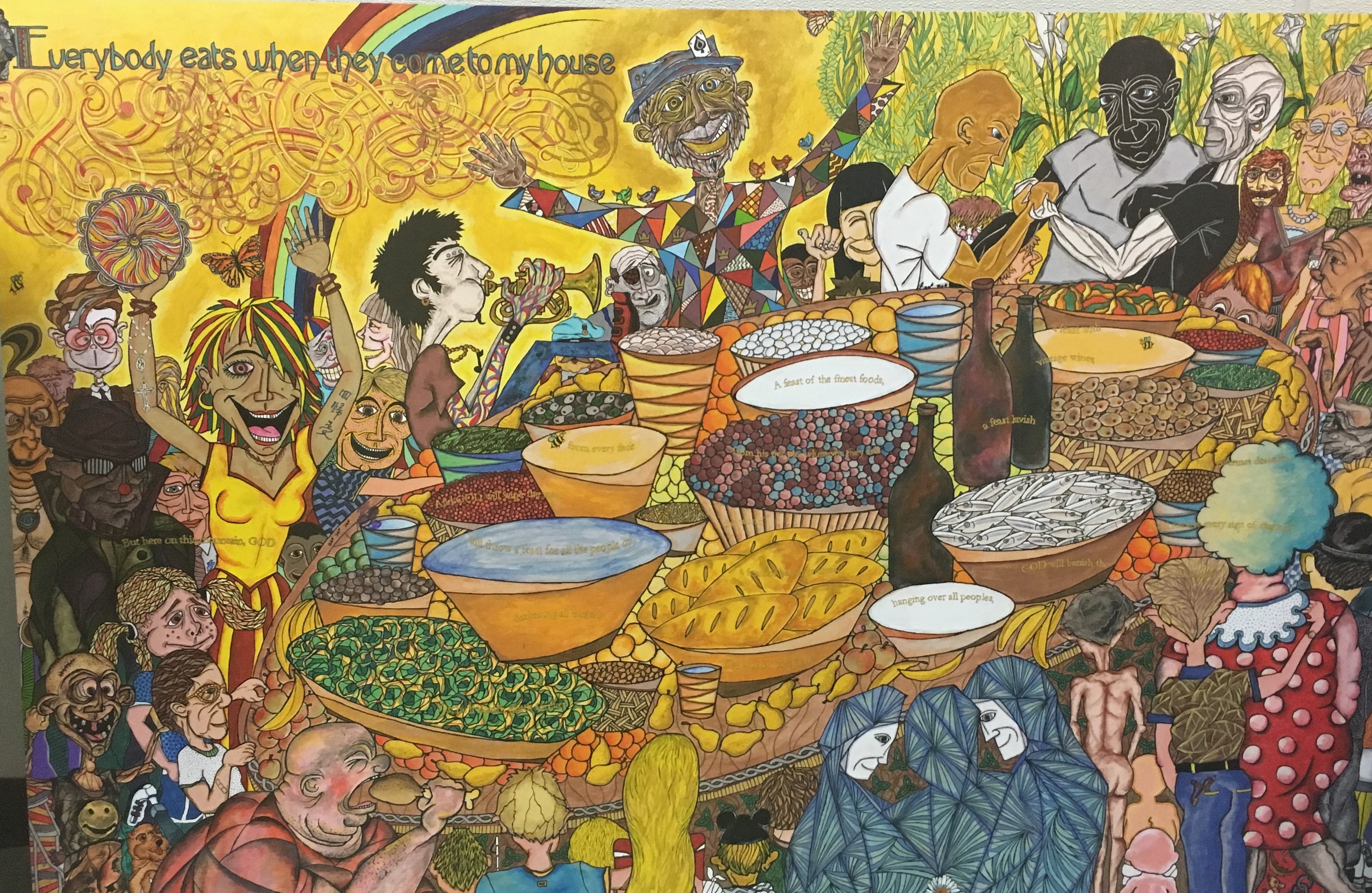 A photo of a painting that captions, "Everybody eats when they come to my house". The painting shows different groups of people gathered around a table of food.