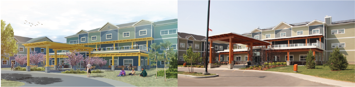 Side by side of Grace Village as a render image and the finished product