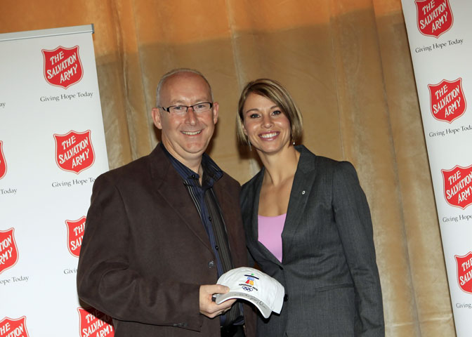 Longtime Donor Baxter Freake of Carper One is seen with Olympian Catriona Le May Doan following the Toronto Hope in the City Breakfast