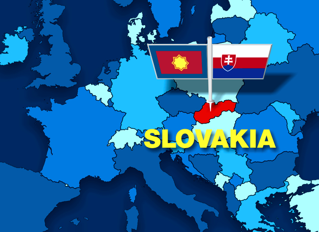 Slovakia highlighted and The Salvation Army and Slovakia flags pinned