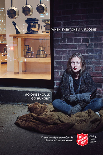Salvation Army winter 2015/16 campaign ad "It's time to end poverty in Canada." "When everyone's a 'foodie', no one should go hungry."