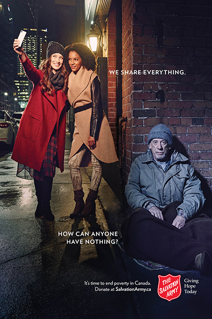 Salvation Army winter 2015/16 campaign ad "It's time to end poverty in Canada." "We share everything. How can anyone have nothing?"