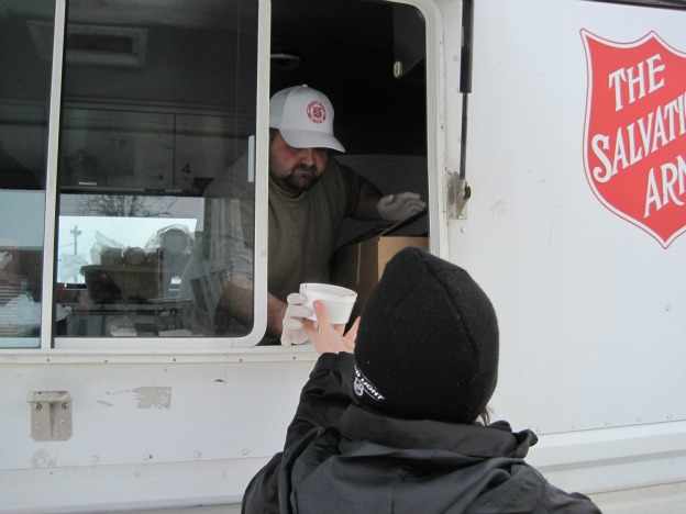 Salvation Army mobile outreach van serves hot drinks to vulnerable during cold weather