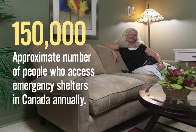 150,000 people access emergency shelters in canada anually. Marguerite sits on a couch in the SAs cedar place