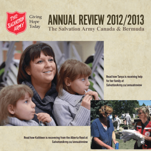 Annual Review 2012-2013 (PDF): a woman and her two children are in a photo and two salvation army employees are in the other photo.
