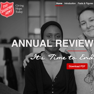 Annual Review 2014-2015 report cover page: two women, one being a salvation army employee, are smiling and embracing each other