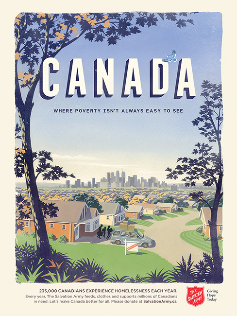 Canada, where poverty isn't always easy to see. Illustration of mid-west suburb with city in distance. Family is moving out after losing house. 235,000 CANADIANS EXPERIENCE HOMELESSNESS EACH YEAR. Every year, The Salvation Army feeds, clothes and supports millions of Canadians in need. Let’s make Canada better for all. Please donate at SalvationArmy dot c a.