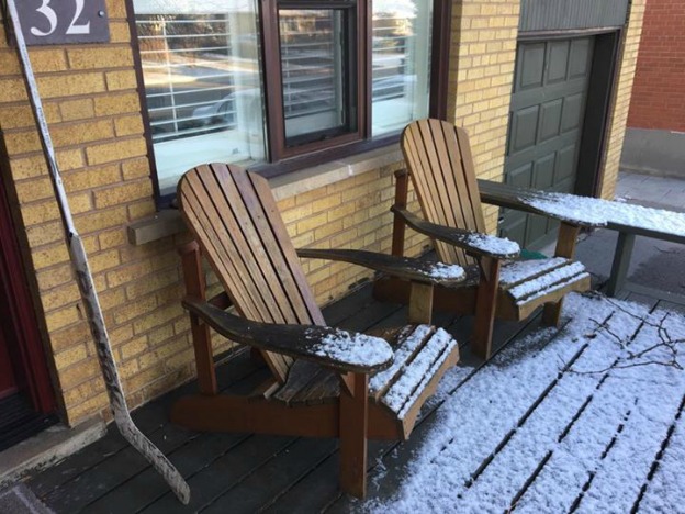 Hockey stick on porch in remembrance of Humbolt Broncos