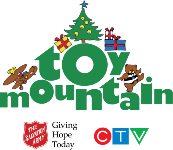 Toy Mountain logo with the Salvation Army logo and CTV logo below it.