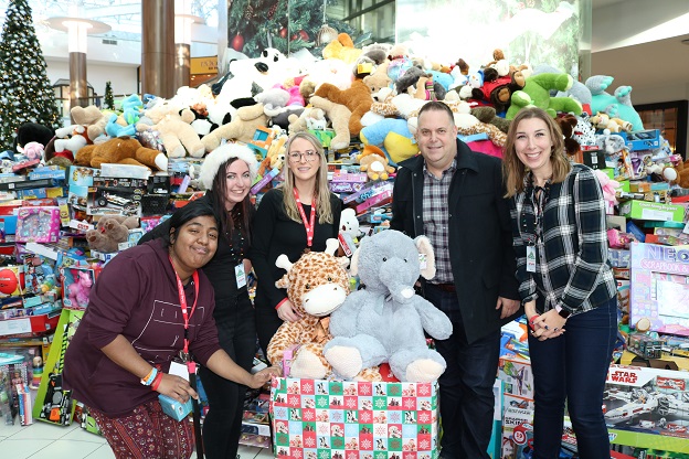 Volunteers stand in front of toy mountain toys