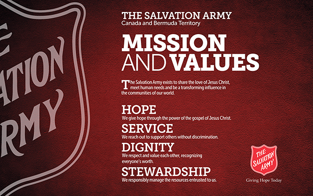 Mission and Values graphic displaying The Salvation Army mission statement and the four new values of Hope, Service, Dignity and Stewardship as described in the article