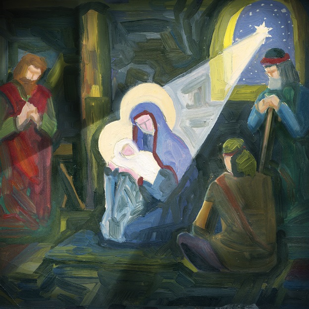 Vintage Christmas Nativity Scene. Oil painting on cardboard.