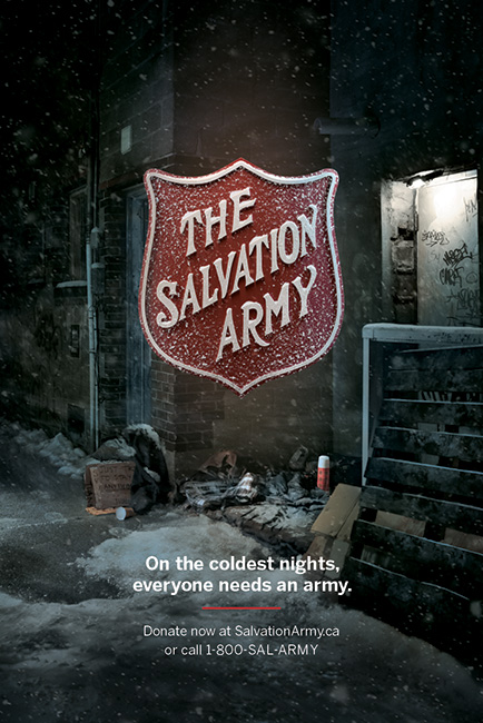 Salvation Army Canada 2019-2020 winter campaign ad. On the coldest nights, everyone needs an army. Donate now at salvation army dot c a, or call 1 800 sal army.