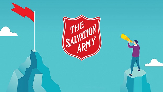 Graphic with Salvation Army shield/logo and a man using a megaphone