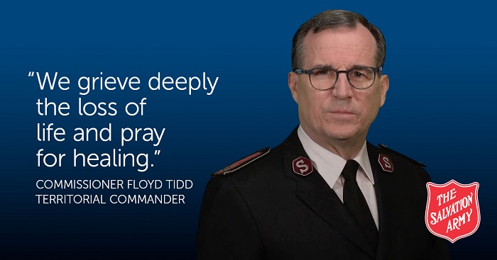 Territorial Commander Floyd Tidd says "We grieve deeply the loss of life and pray for healing"