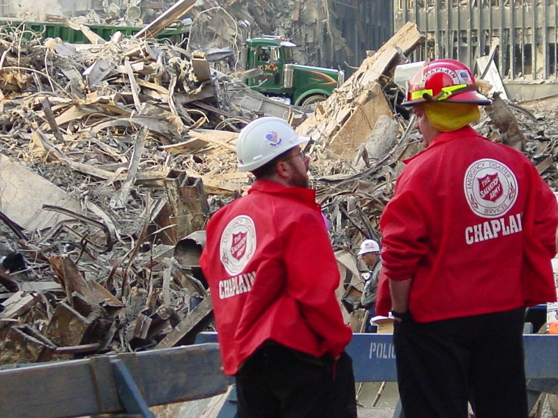 Two Salvation Army chaplains view the rubble from 9/11