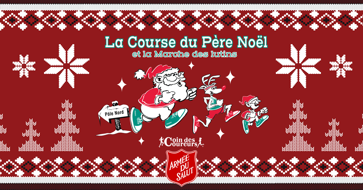 Père Noël style dessin animé et autres coureurs au milieu de flocons de neige et d'arbres de Noël