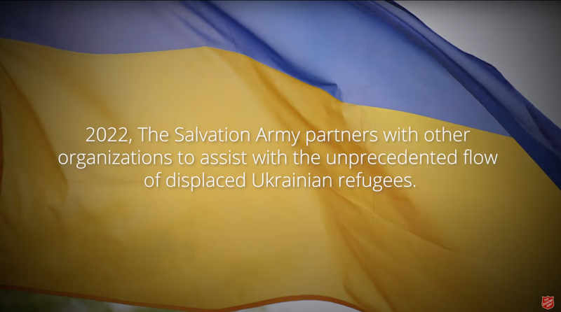 Salvation Army partners with other organizations to assist with refugee support (text over Ukraine flag)