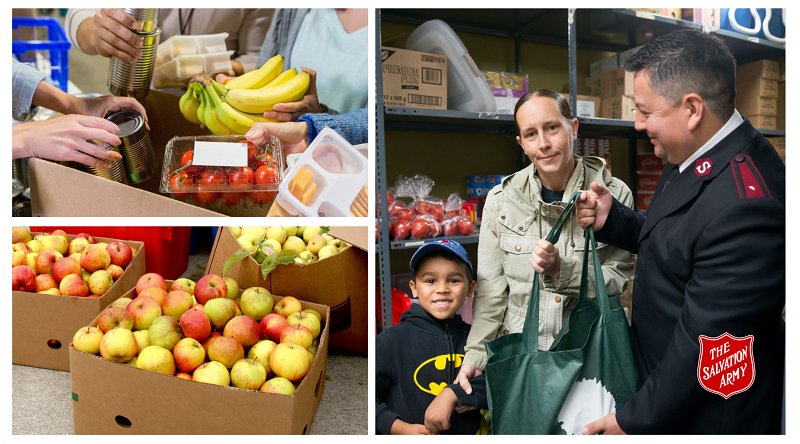 food hampers and salvation army officer hands bag of food to client