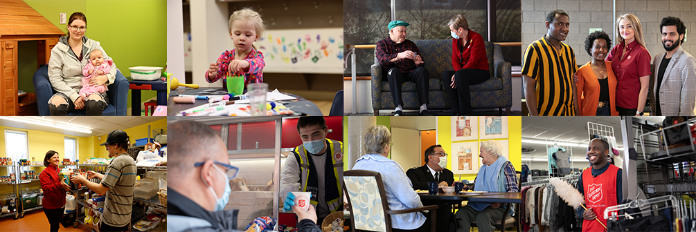 collage of Salvation Army volunteers, employees, and clients