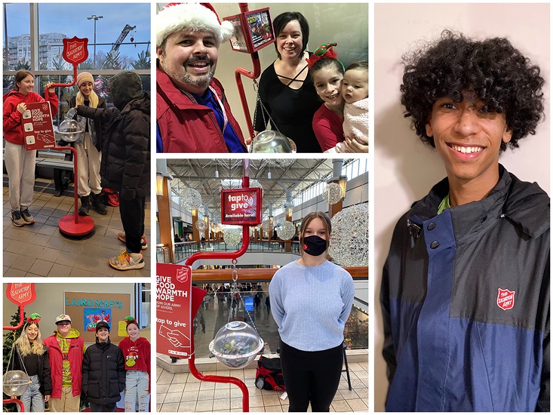 a collage of teens and families volunteering at Salvation Army kettes