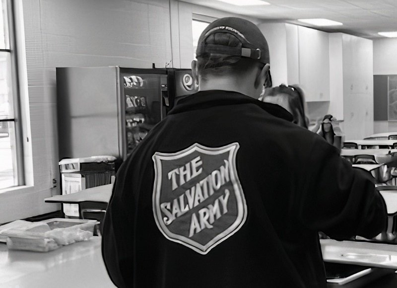 Salvation Army worker with jacket branding